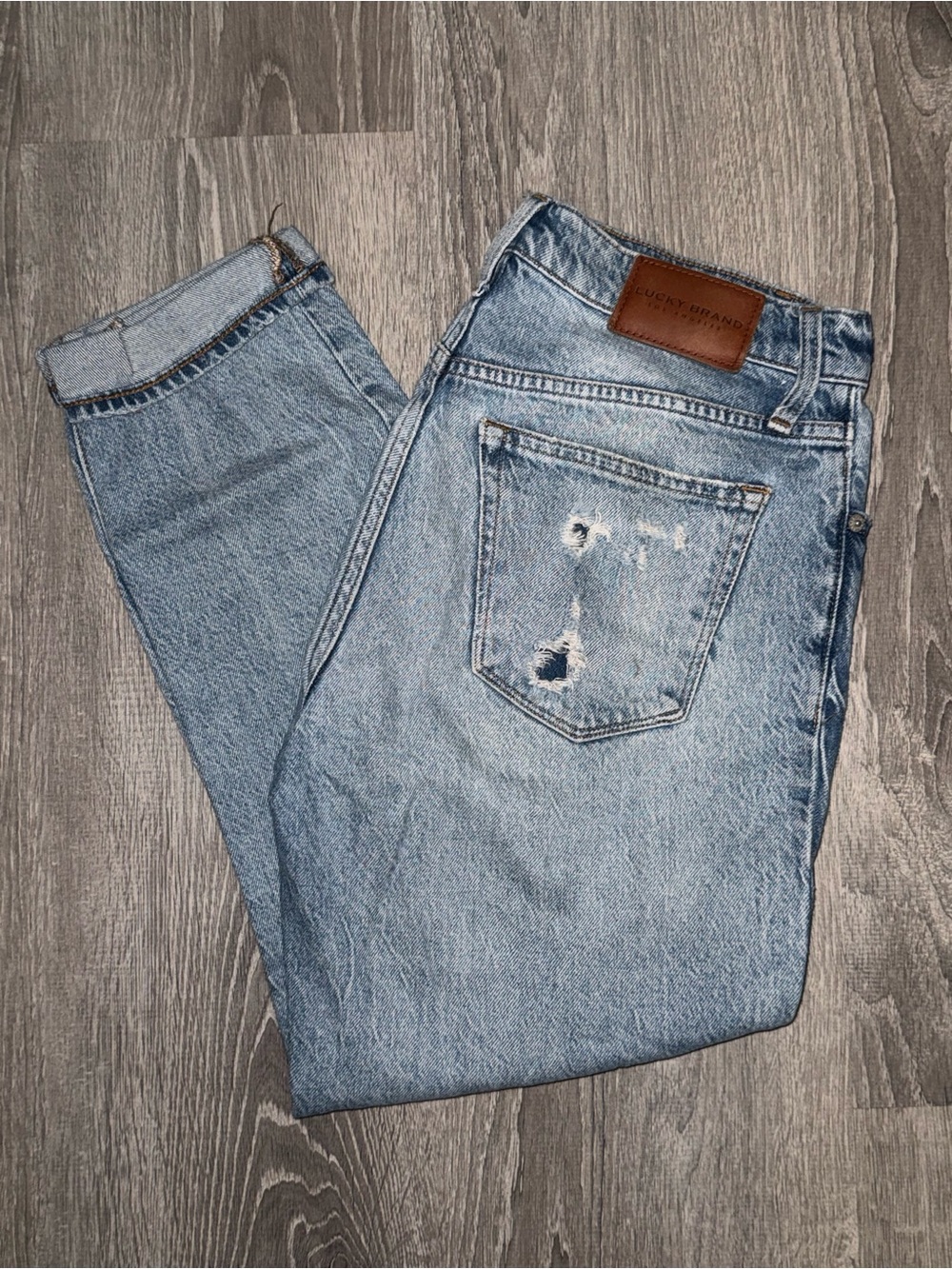 Lucky Brand Drew High Rise Mom Jeans – Size 28 – Distressed Denim – Button Fly
